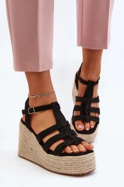Sandały Na Koturnie Z Plecionką Czarne Gnosis