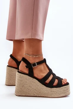 Sandały Na Koturnie Z Plecionką Czarne Gnosis