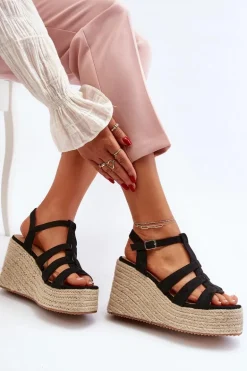 Sandały Na Koturnie Z Plecionką Czarne Gnosis