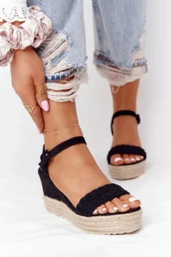 Sandały Na Koturnie Z Plecionką Czarne Baleary