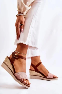 Sandały Na Koturnie Z Plecionką Różowe Tenerife