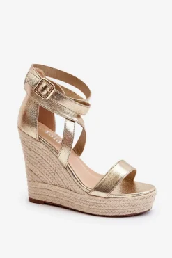 Sandały Na Koturnie Z Plecionką Złote Salthe