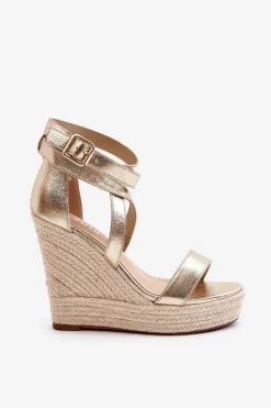 Sandały Na Koturnie Z Plecionką Złote Salthe