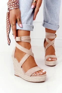 Sandały Na Koturnie Z Plecionką Beżowe Lanzarote