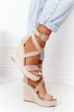 Sandały Na Koturnie Z Plecionką Beżowe Lanzarote