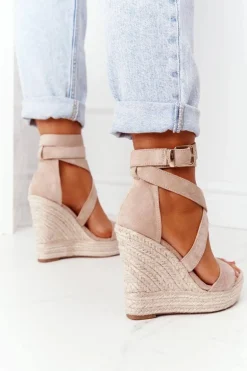 Sandały Na Koturnie Z Plecionką Beżowe Lanzarote