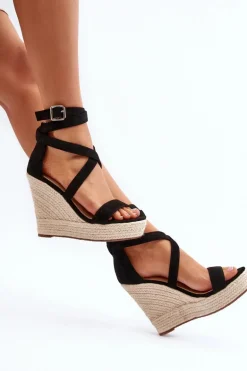 Sandały Na Koturnie Z Plecionką Czarne Salthe