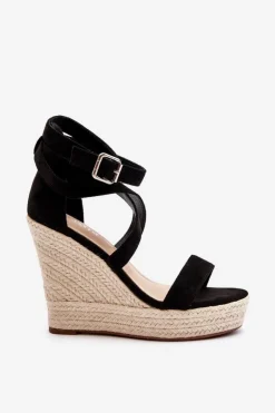 Sandały Na Koturnie Z Plecionką Czarne Salthe