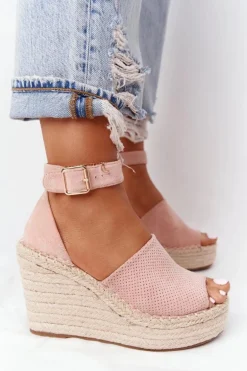 Sandały Na Koturnie Z Plecionką Jasnoróżowe Makenna