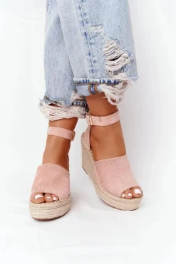 Sandały Na Koturnie Z Plecionką Jasnoróżowe Makenna