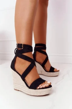 Sandały Na Koturnie Z Plecionką Czarne Lanzarote