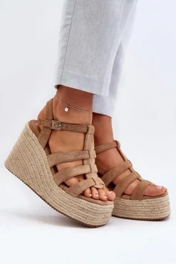 Sandały Na Koturnie Z Plecionką Brązowe Gnosis