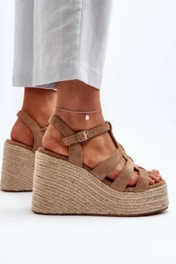 Sandały Na Koturnie Z Plecionką Brązowe Gnosis