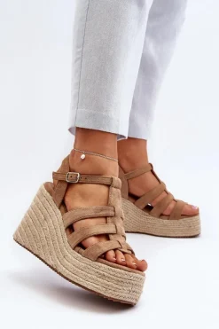Sandały Na Koturnie Z Plecionką Brązowe Gnosis
