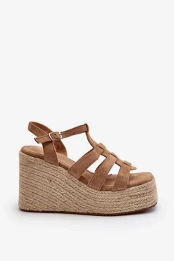 Sandały Na Koturnie Z Plecionką Brązowe Gnosis