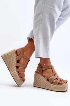 Sandały Na Koturnie Z Plecionką Brązowe Gnosis