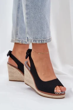 Sandały Na Koturnie Z Plecionką Czarne Nanalis