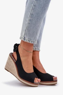 Sandały Na Koturnie Z Plecionką Czarne Nanalis