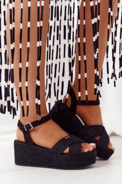 Sandały Na Koturnie Z Plecionką Big Star FF274762 Czarne