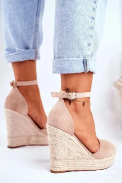 Sandały Na Koturnie Z Plecionką Beżowe Avocado