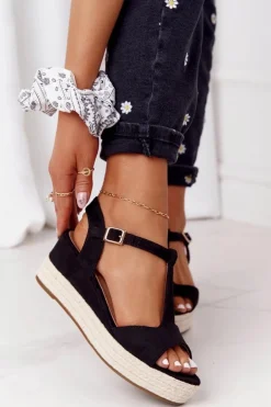 Sandały Na Koturnie Z Plecionką Czarne Graciosa