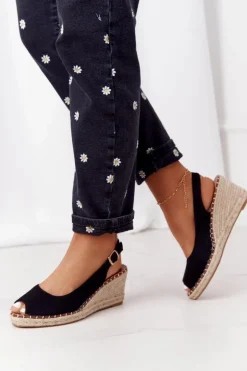 Sandały Na Koturnie Z Plecionką Czarne Las Palomas