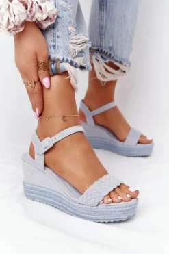 Sandały Na Koturnie Z Plecionką Błękitne Baleary