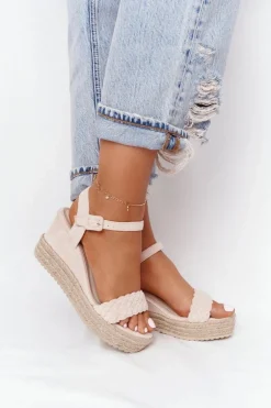 Sandały Na Koturnie Z Plecionką Beżowe Baleary