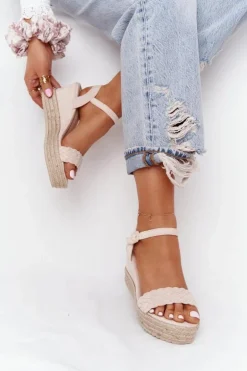 Sandały Na Koturnie Z Plecionką Beżowe Baleary