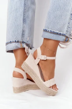 Sandały Na Koturnie Z Plecionką Beżowe Baleary
