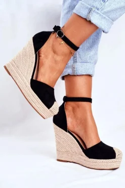 Sandały Na Koturnie Z Plecionką Czarne Avocado