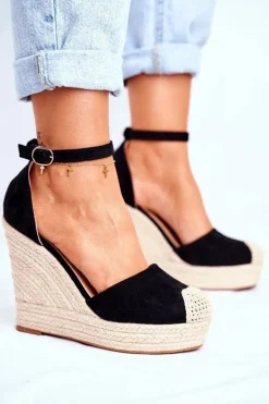 Sandały Na Koturnie Z Plecionką Czarne Avocado