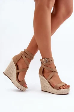 Sandały Na Koturnie Z Plecionką Brązowe Salthe