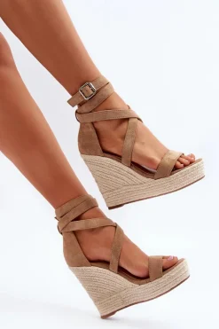 Sandały Na Koturnie Z Plecionką Brązowe Salthe