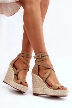 Sandały Na Koturnie Z Plecionką Brązowe Salthe
