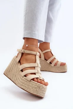 Sandały Na Koturnie Z Plecionką Beżowe Gnosis