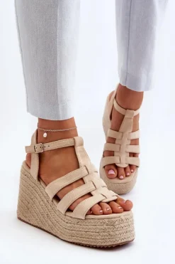 Sandały Na Koturnie Z Plecionką Beżowe Gnosis