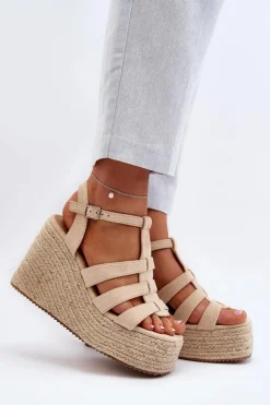 Sandały Na Koturnie Z Plecionką Beżowe Gnosis