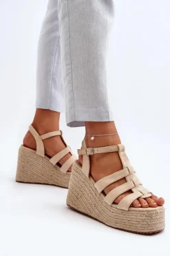 Sandały Na Koturnie Z Plecionką Beżowe Gnosis