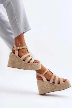 Sandały Na Koturnie Z Plecionką Beżowe Gnosis