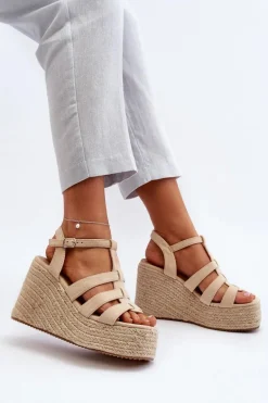Sandały Na Koturnie Z Plecionką Beżowe Gnosis
