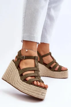 Sandały Na Koturnie Z Plecionką Zielone Gnosis