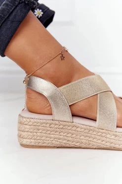 Sandały Na Koturnie Ze Ściągaczem Big Star HH274414 Złote