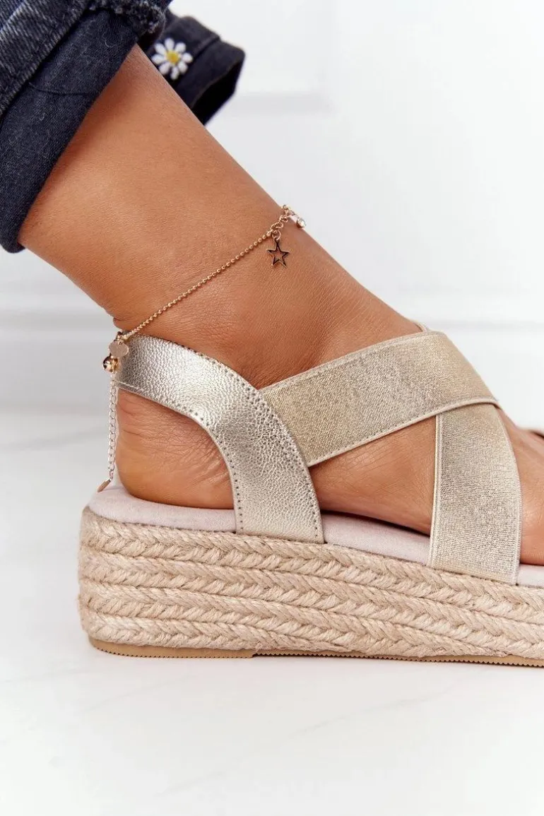 Sandały Na Koturnie Ze Ściągaczem Big Star HH274414 Złote