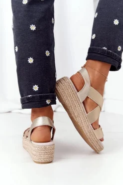 Sandały Na Koturnie Ze Ściągaczem Big Star HH274414 Złote