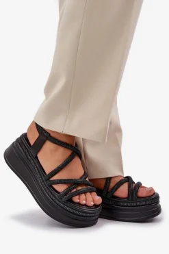 Sandały Na Masywnej Platformie Z Przeplatającymi Się Paskami Czarne Lanathea