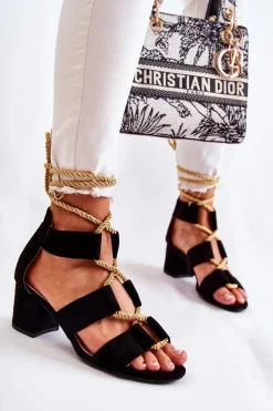 Sandały Na Niskim Obcasie Wiązane Czarne Erisa