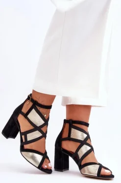 Sandały Na Obcasie Maciejka 05181-25 Złoto-Czarne