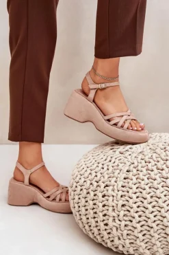 Sandały Na Platformie I Koturnie Z Eko Zamszu Beżowe Nendal
