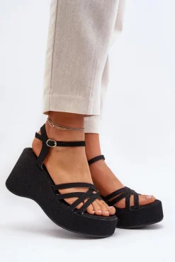 Sandały Na Platformie I Koturnie Czarne Oporia